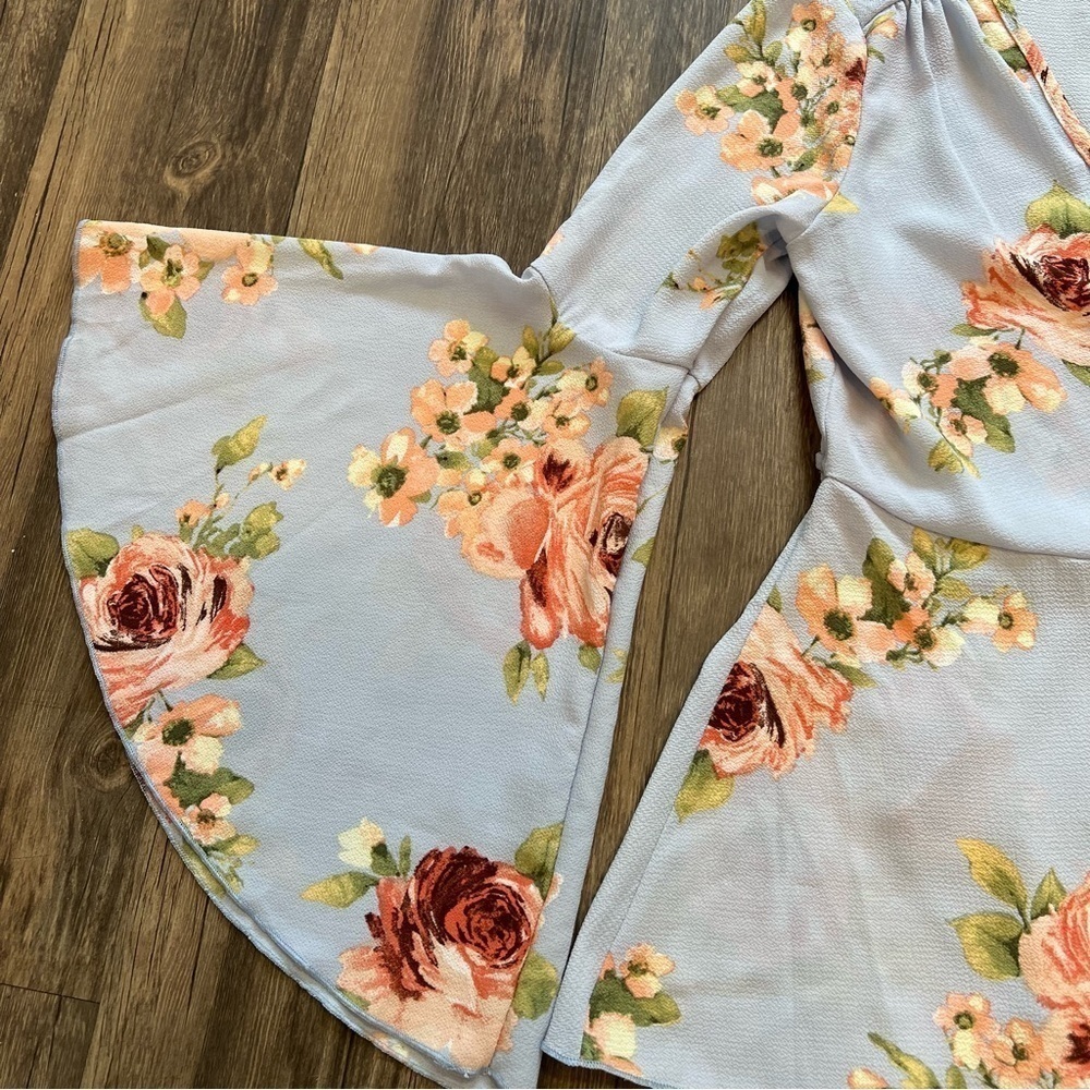 Miley+Molly Floral Blue Peplum Tied up Top Blouse Long Flare Sleeve Summer Y2K S - Picture 13 of 13